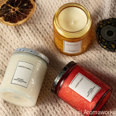 Good price Yellow / Red / White Soy Scented Candle Embossed Glass Jar Candles For Private Label OEM online